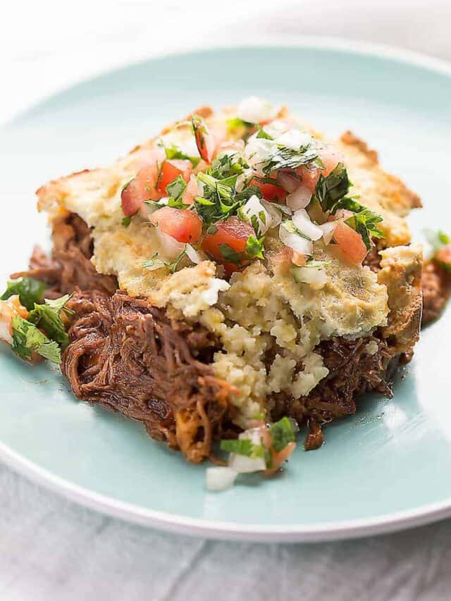 a serving of low carb tamale pie on a blue plate