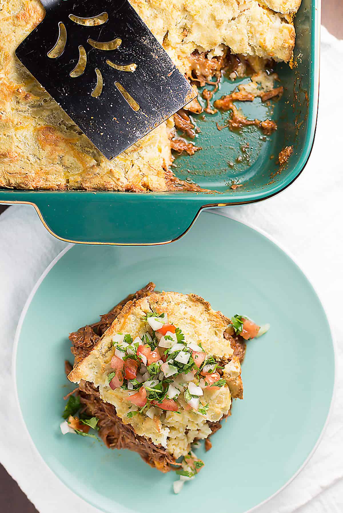 keto tamale pie in a casserole dish