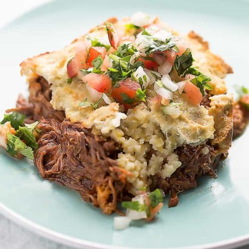 a serving of low carb tamale pie on a blue plate