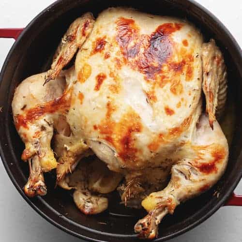 whole roast chicken in a dutch oven