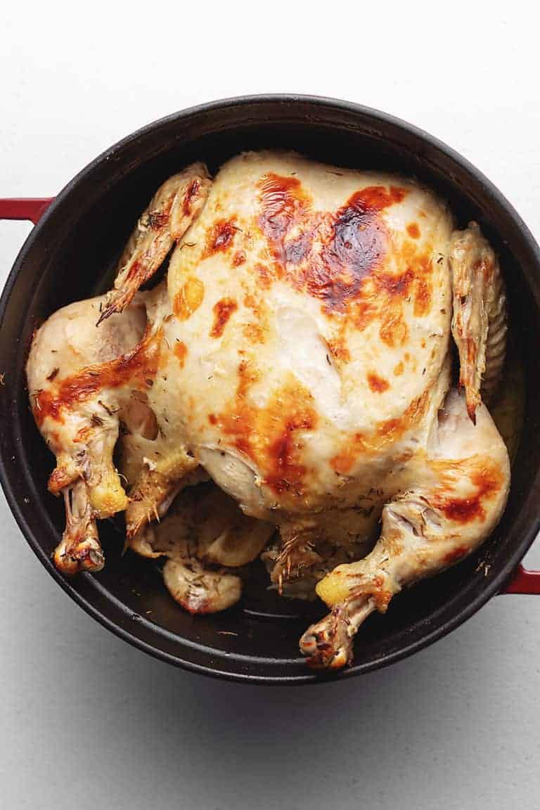 whole roast chicken in a dutch oven