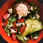 healthy burger bowls with avocado and blue cheese