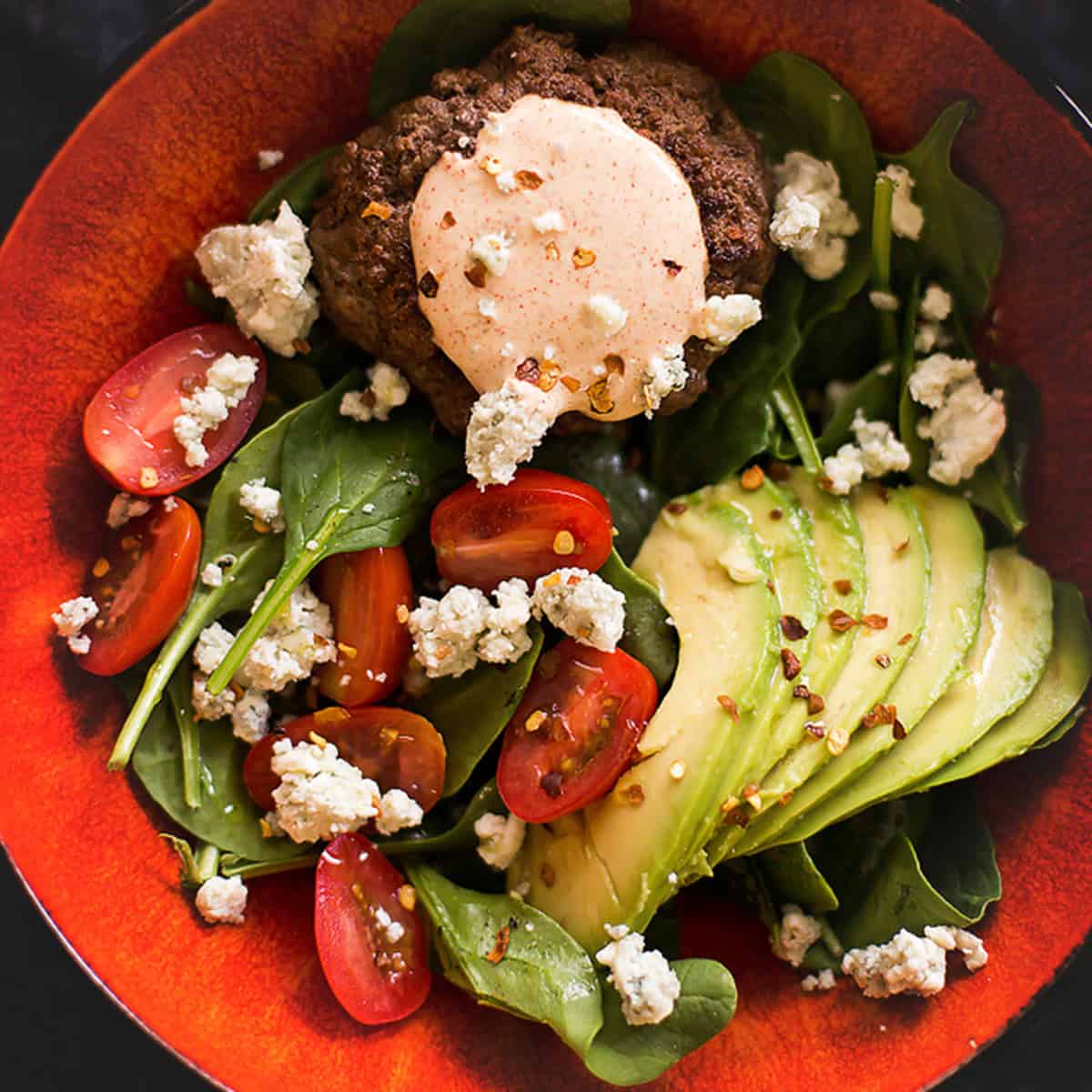 healthy burger bowls with avocado and blue cheese