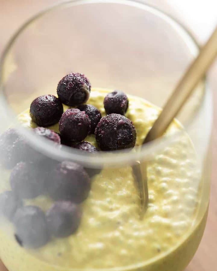 Chia pudding and turmeric golden milk combine in this creamy and nutritious Golden Milk Chia Pudding.  It makes a delicious low carb breakfast or sweet treat