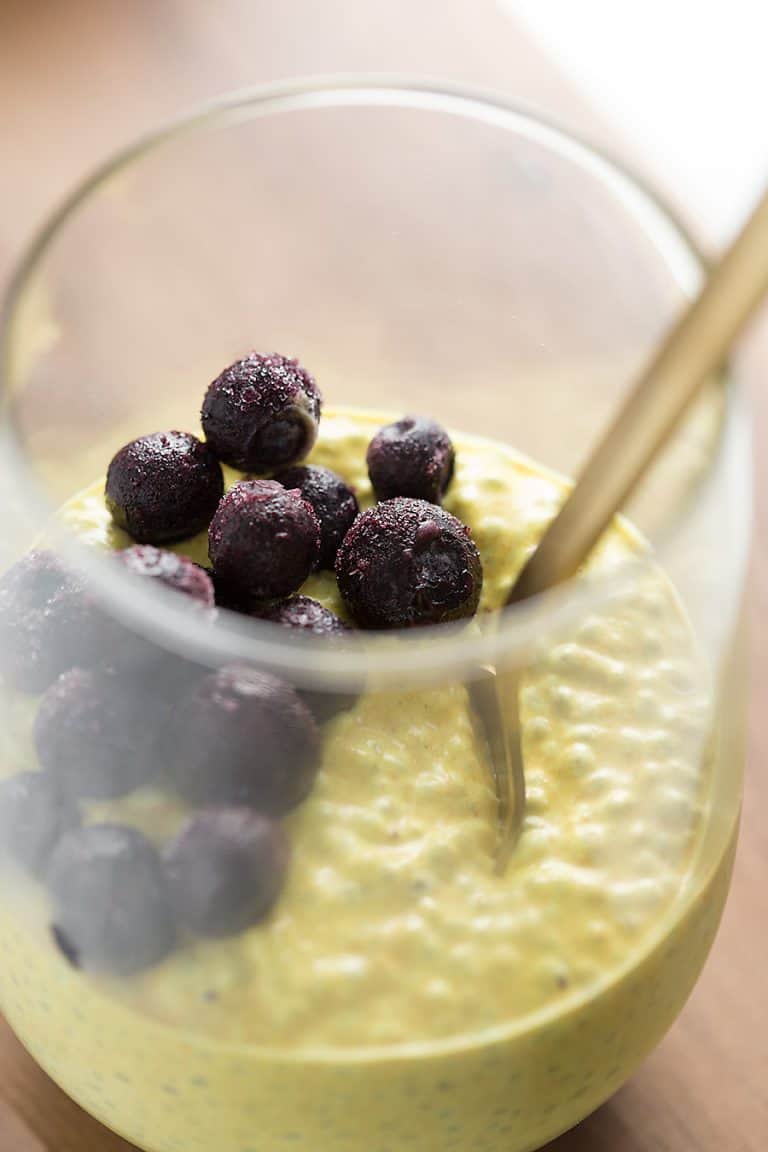 Chia pudding and turmeric golden milk combine in this creamy and nutritious Golden Milk Chia Pudding.  It makes a delicious low carb breakfast or sweet treat