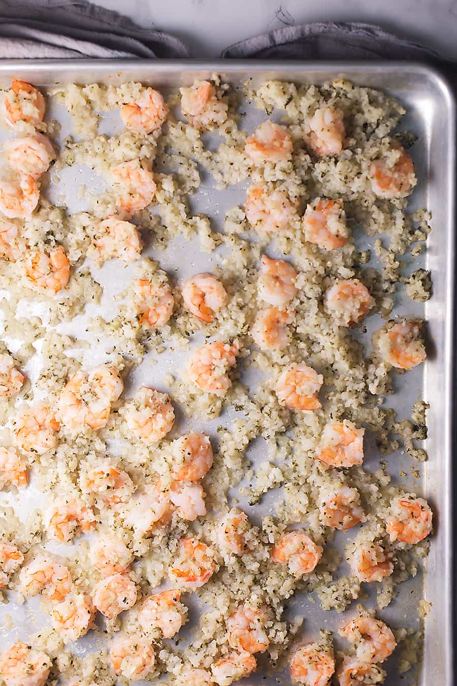 low carb shrimp and rice on a sheet pan