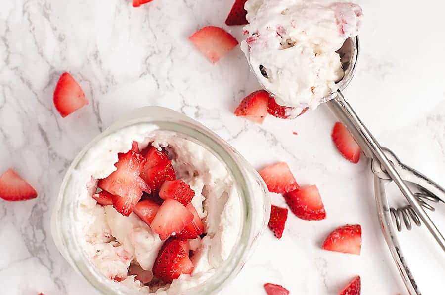 This creamy and decadent low carb no churn ice cream is easy to make with only a handful of ingredients.  It is a low carb dream come true!  I made mine strawberry cheesecake flavor and it is divine.  It is so rich and decadent, you can eat a few bites and be satisfied.
