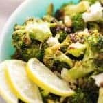 broccoli salad with lemon slices in a bowl