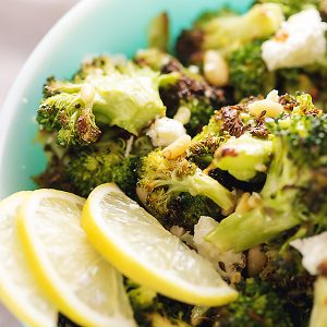 This charred broccoli salad is like a greek broccoli salad but more delicious because of the crispy, charred broccoli. My new favorite way to eat broccoli! The feta and the pine nuts give so much flavor and texture and the lemon in the dressing brightens everything up.