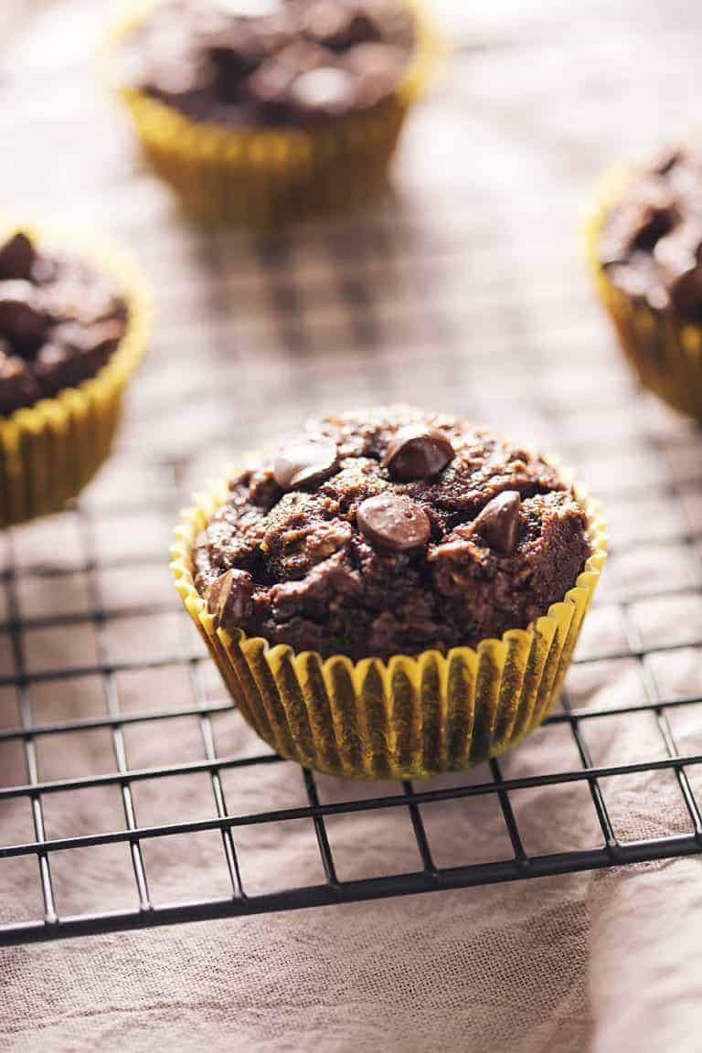 low carb chocolate zucchini muffins on a wire rack