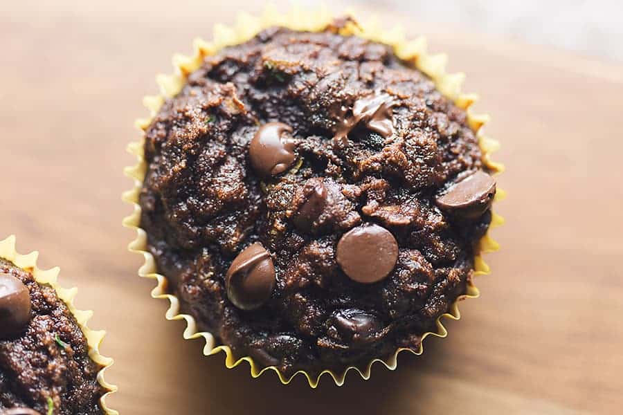 a close up of a low carb chocolate zucchini muffin