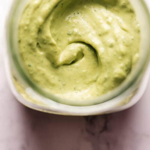 avocado cilantro lime dressing in a jar