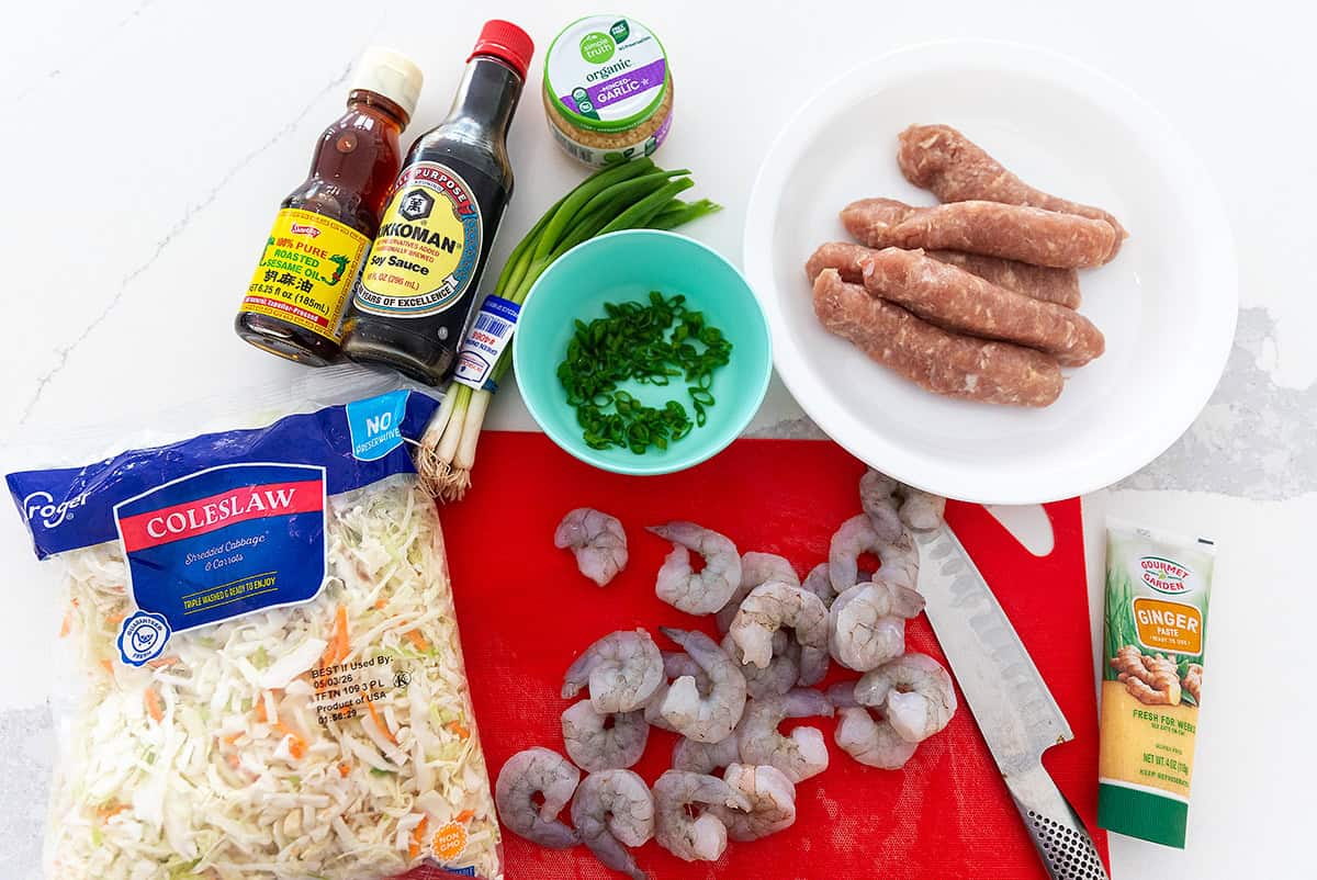 ingredients for egg roll in a bowl with coleslaw mix