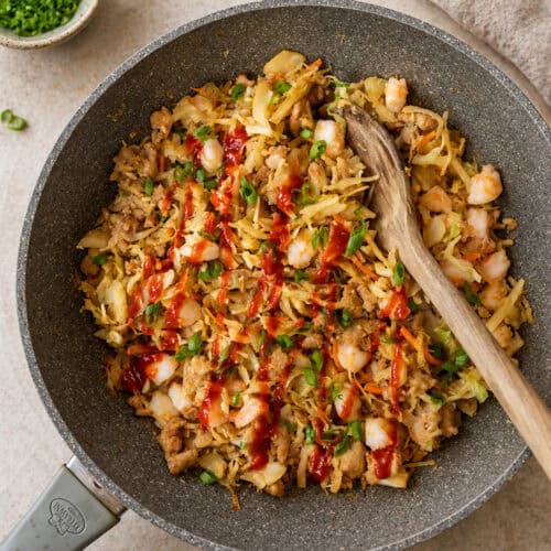 egg roll in a bowl in a skillet