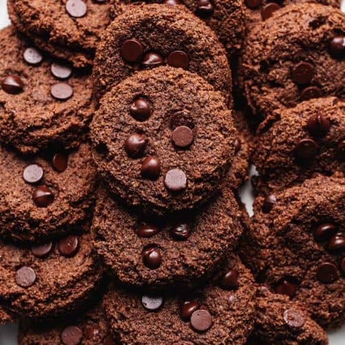 keto double chocolate chip cookies on a platter