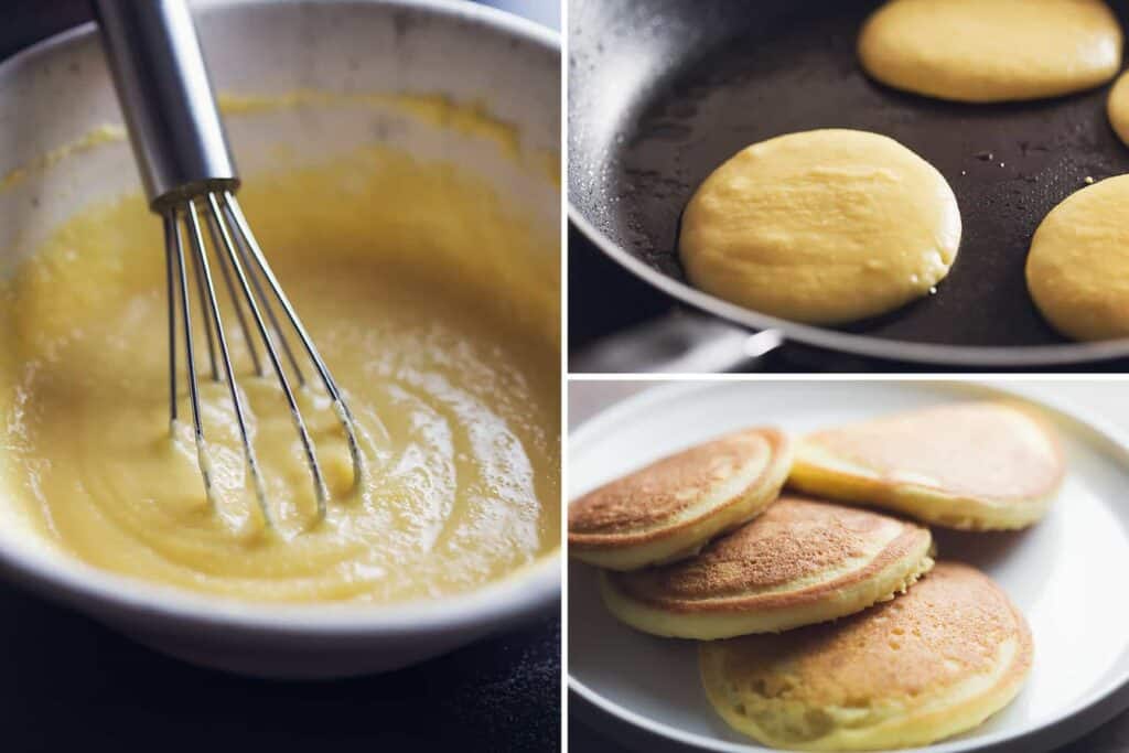 a collage of cooking keto pancakes