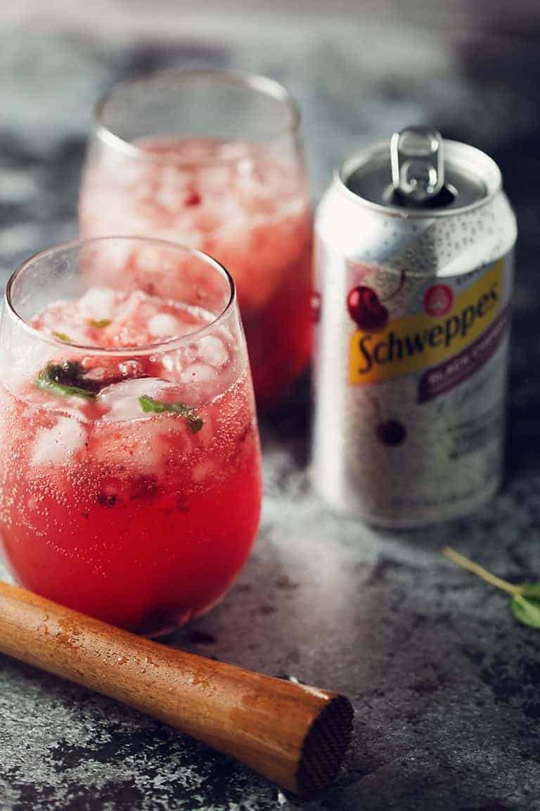 2 red drinks with mint in glasses