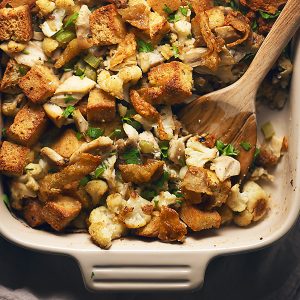 low carb stuffing in a baking dish