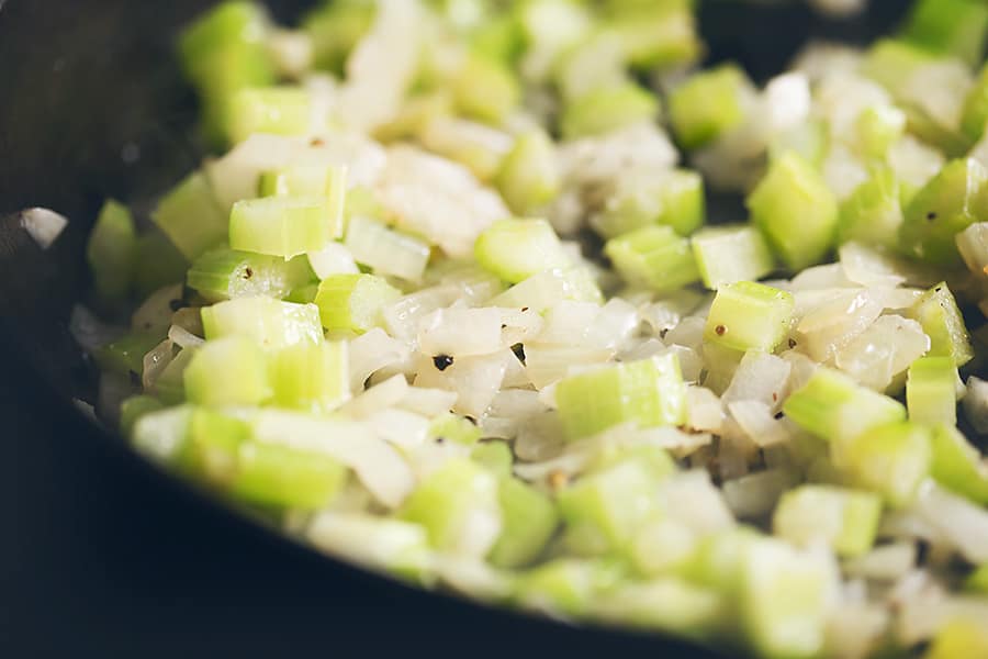 sautéed celery and onion in a skillet