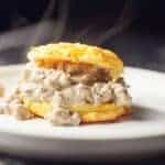 low carb biscuits and gravy on a white plate