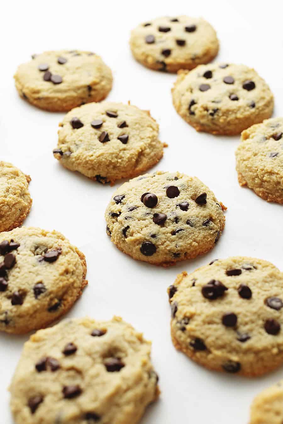 keto chocolate chip cookies on parchment paper