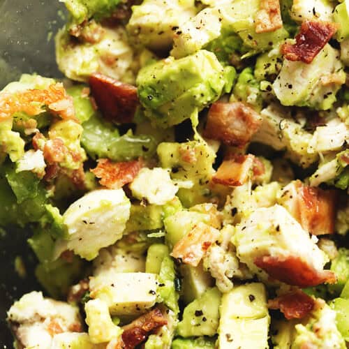 keto chicken salad with avocado and bacon mixed together