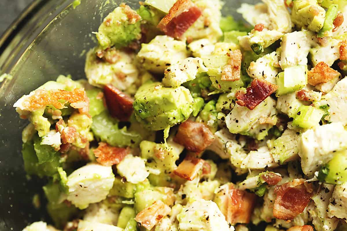 chicken salad in a glass bowl