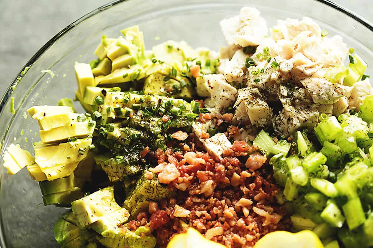 ingredients for keto chicken salad in a bowl