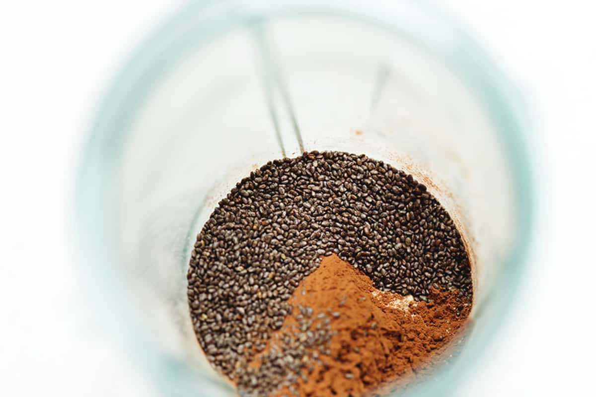 chia seeds and cocoa powder in a blender jar
