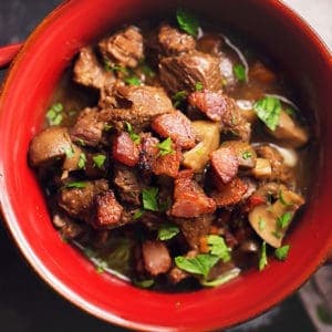 instant pot beef stew in a red bowl