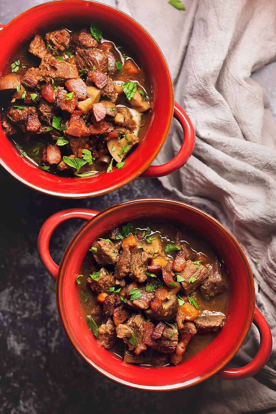 instant pot beef stew in red bowls