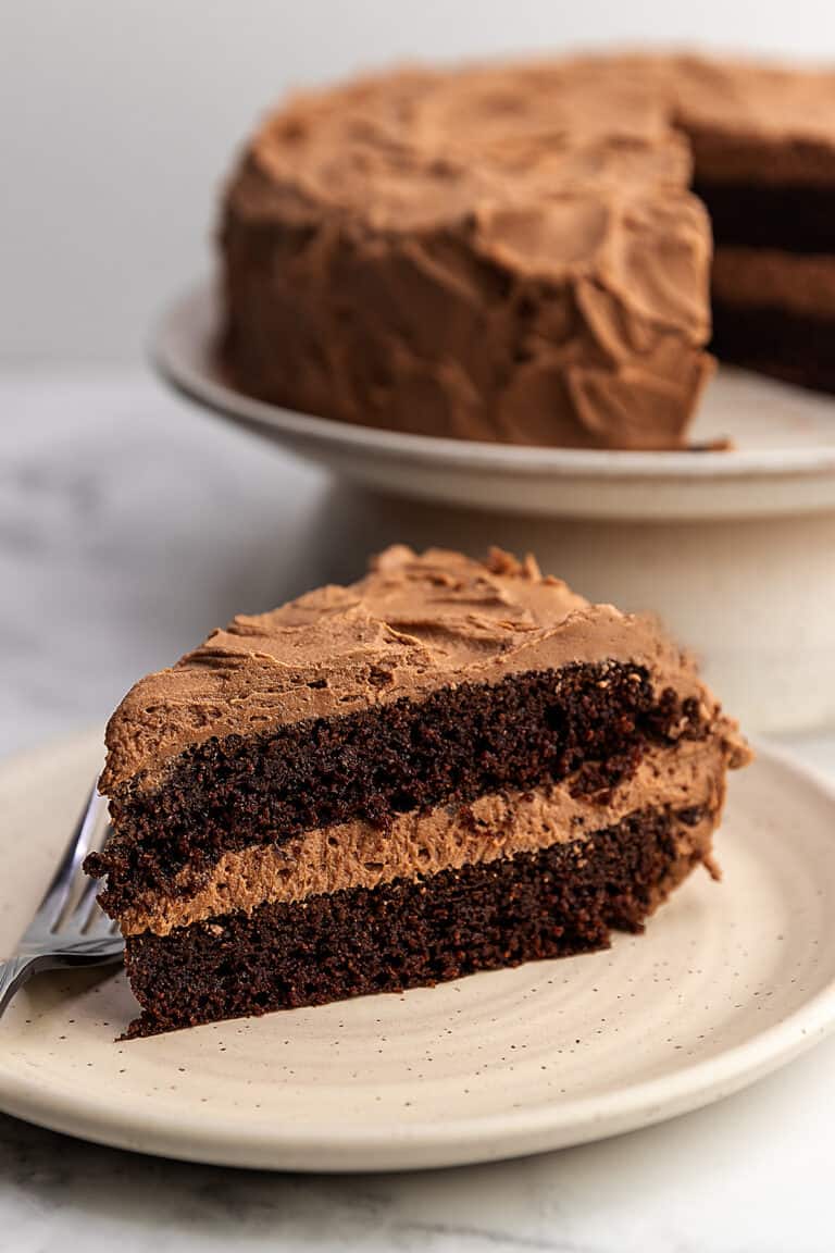 a thick slice of chocolate cake on a plate