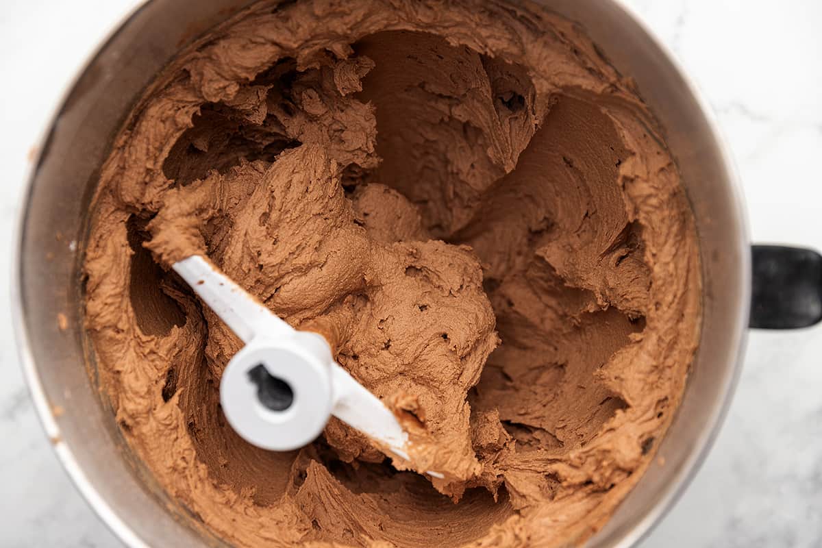 keto chocolate frosting in a stand mixer