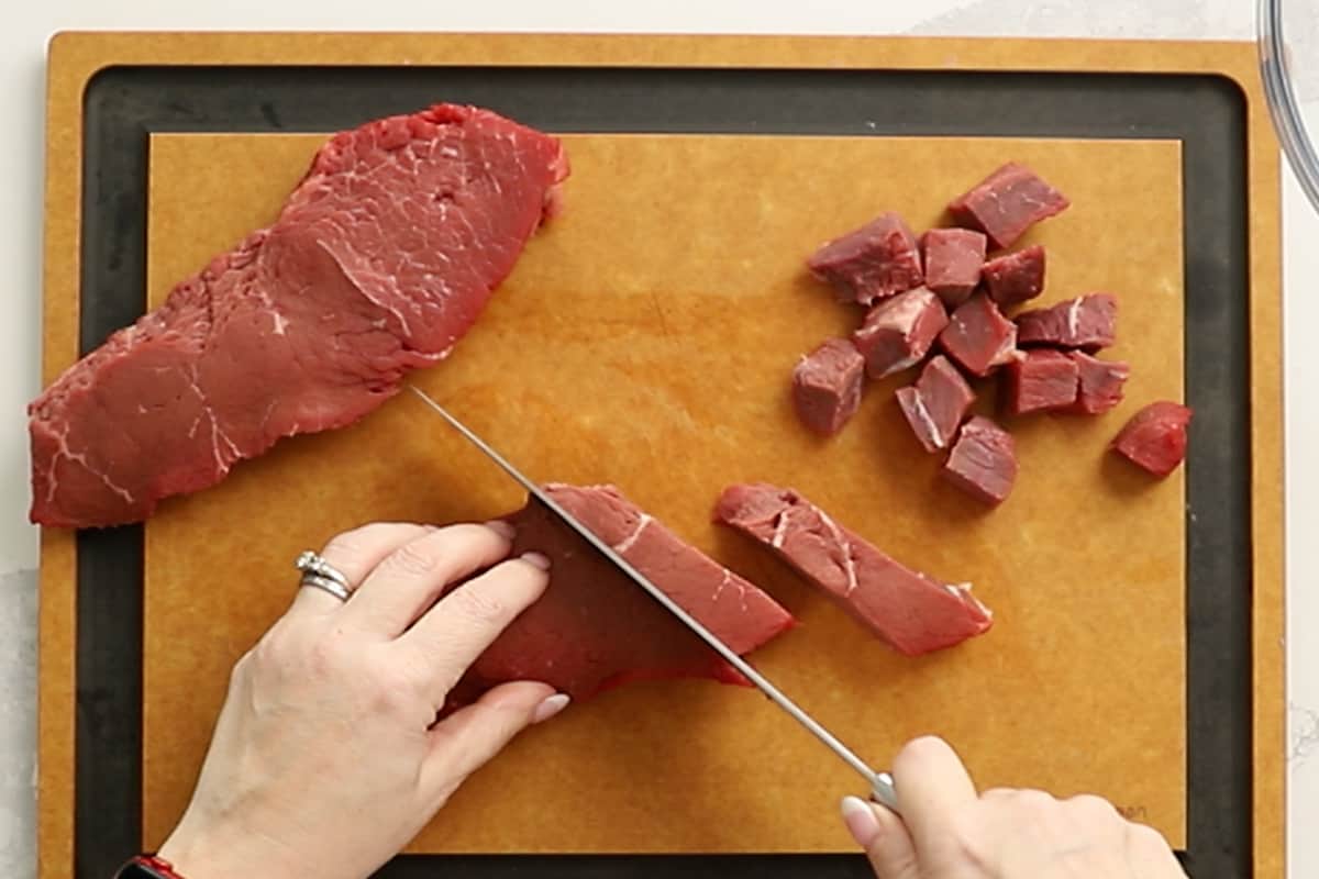 cutting sirloin steak for steak tips