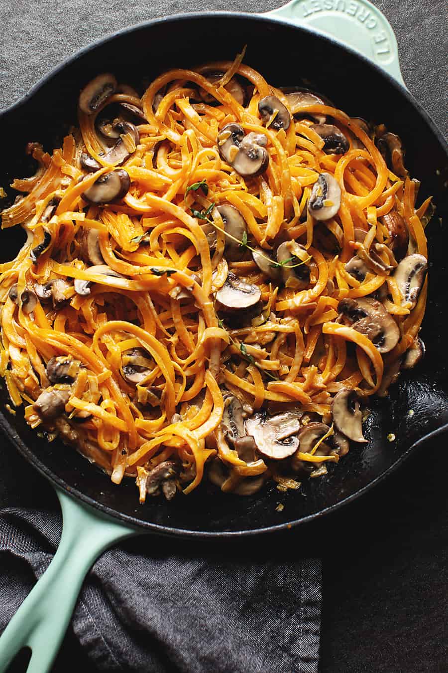 keto butternut squash noodles with mushrooms in a skillet