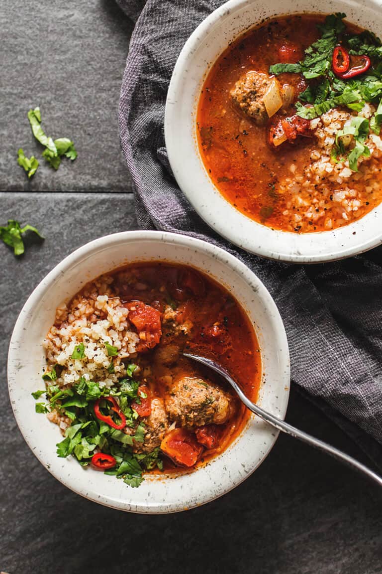 low carb albondigas soup in 2 bowls