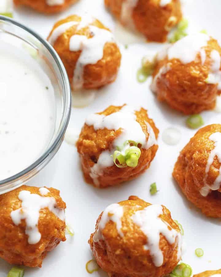 These keto Buffalo Chicken Meatballs are the perfect low carb appetizer! I love to serve them with extra buffalo sauce and ranch.