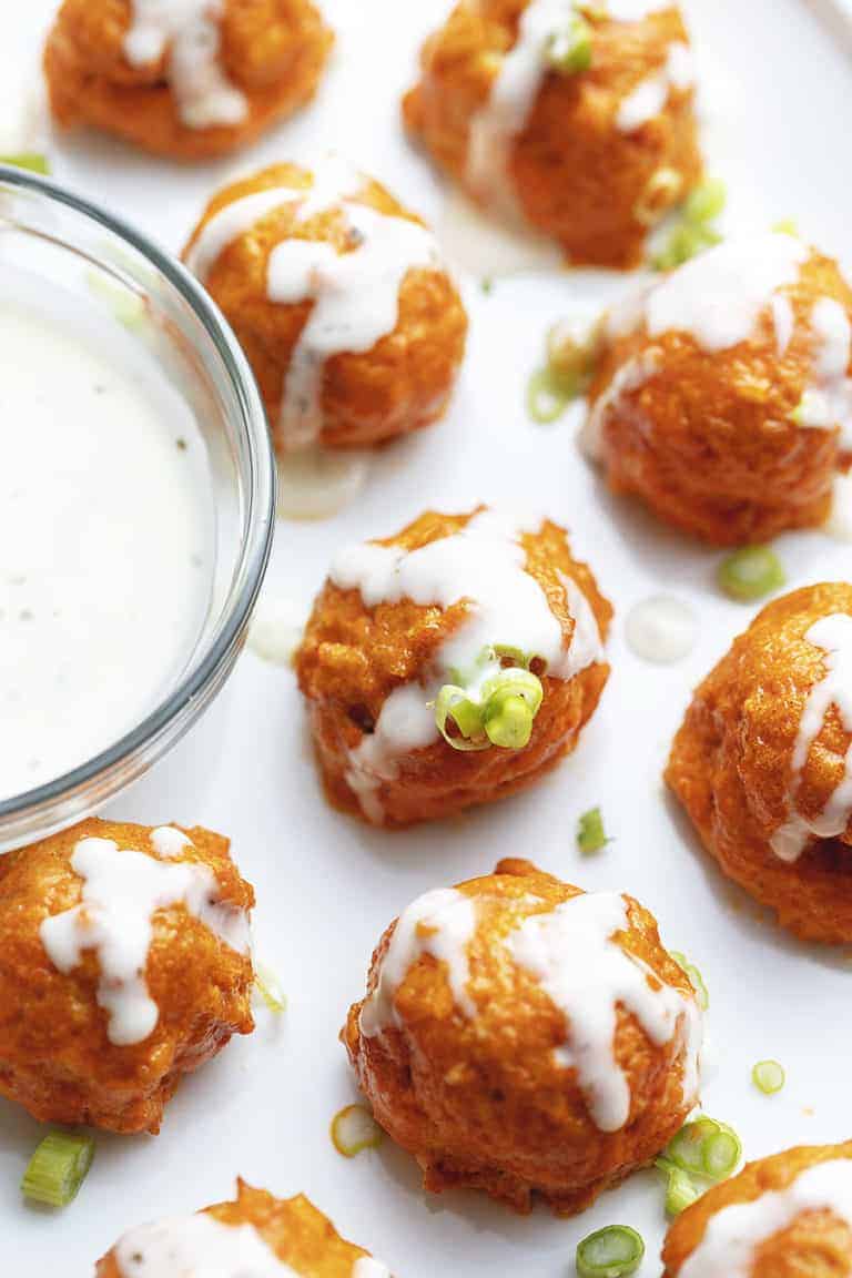 These keto Buffalo Chicken Meatballs are the perfect low carb appetizer! I love to serve them with extra buffalo sauce and ranch.