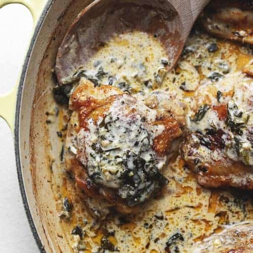 creamy lemon chicken thighs in a skillet