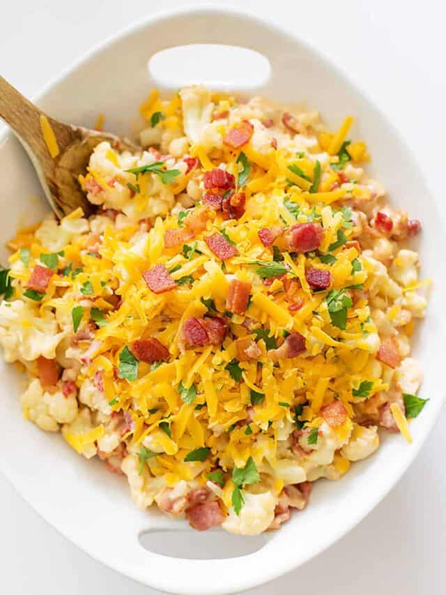 keto cauliflower Mac and cheese in a white bowl