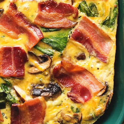 an egg casserole with bacon on top