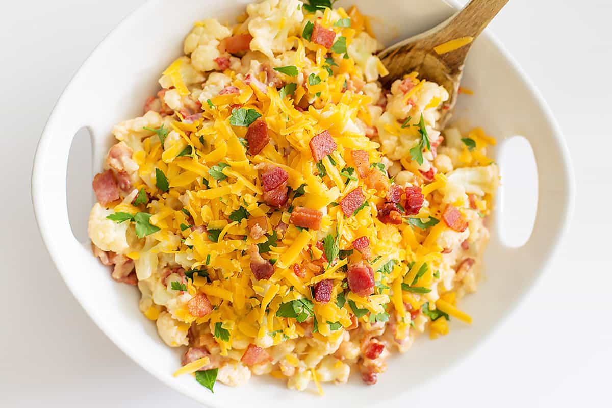 keto Mac and cheese in a white bowl