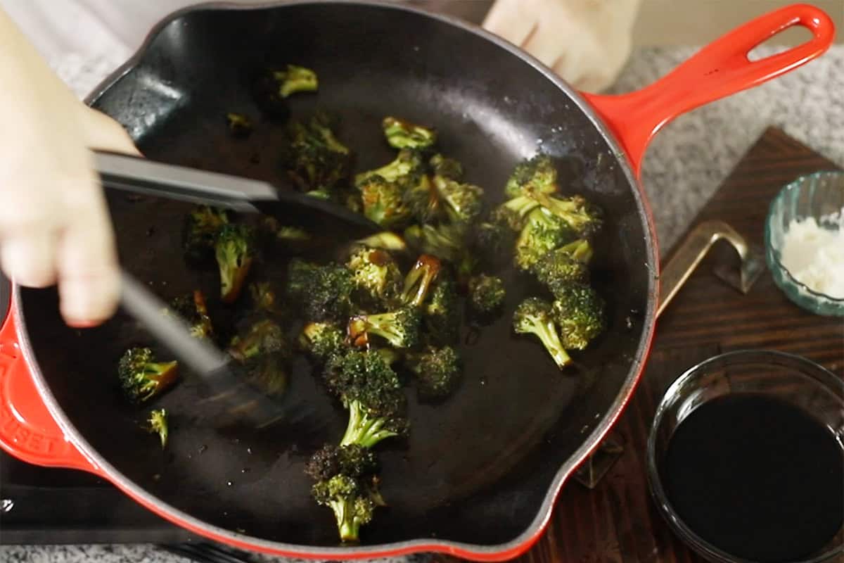 cooking broccoli in a skillet