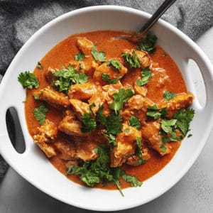 keto butter chicken in a white glass bowl