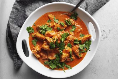 keto butter chicken in a white glass bowl