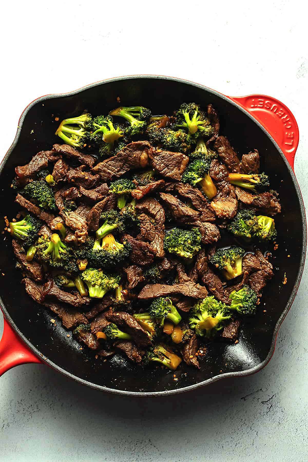 low carb beef and broccoli in a skillet