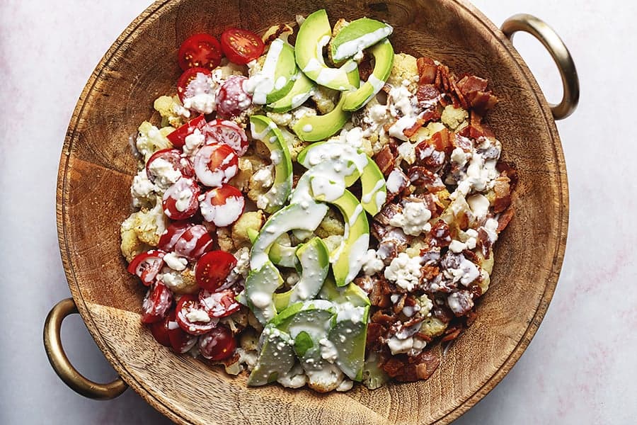 roasted cauliflower cobb salad in a large bowl