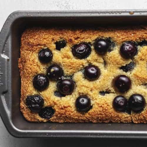 keto blueberry bread in a loaf pan