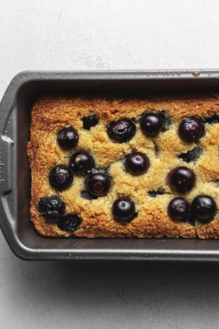 keto blueberry bread in a loaf pan