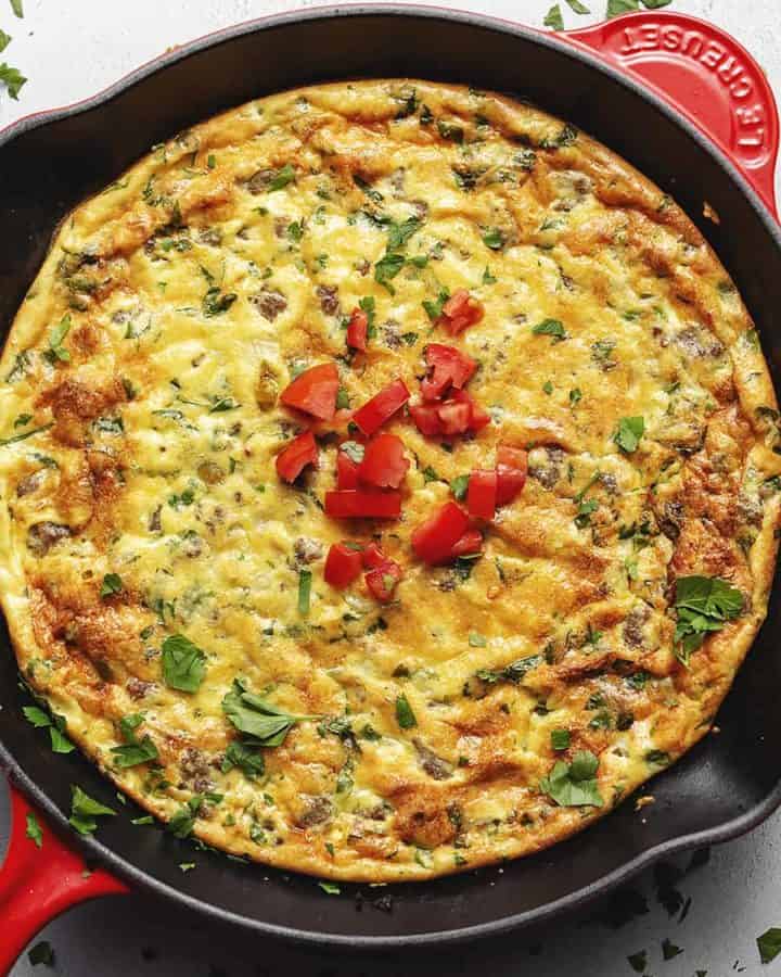 keto frittata in a red skillet